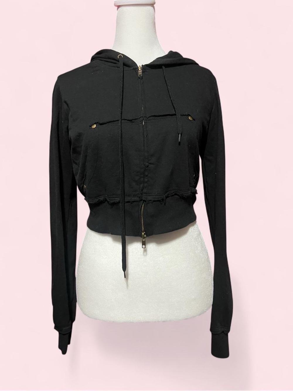 Large Cropped Black Zip Hoodie with Drawstrings